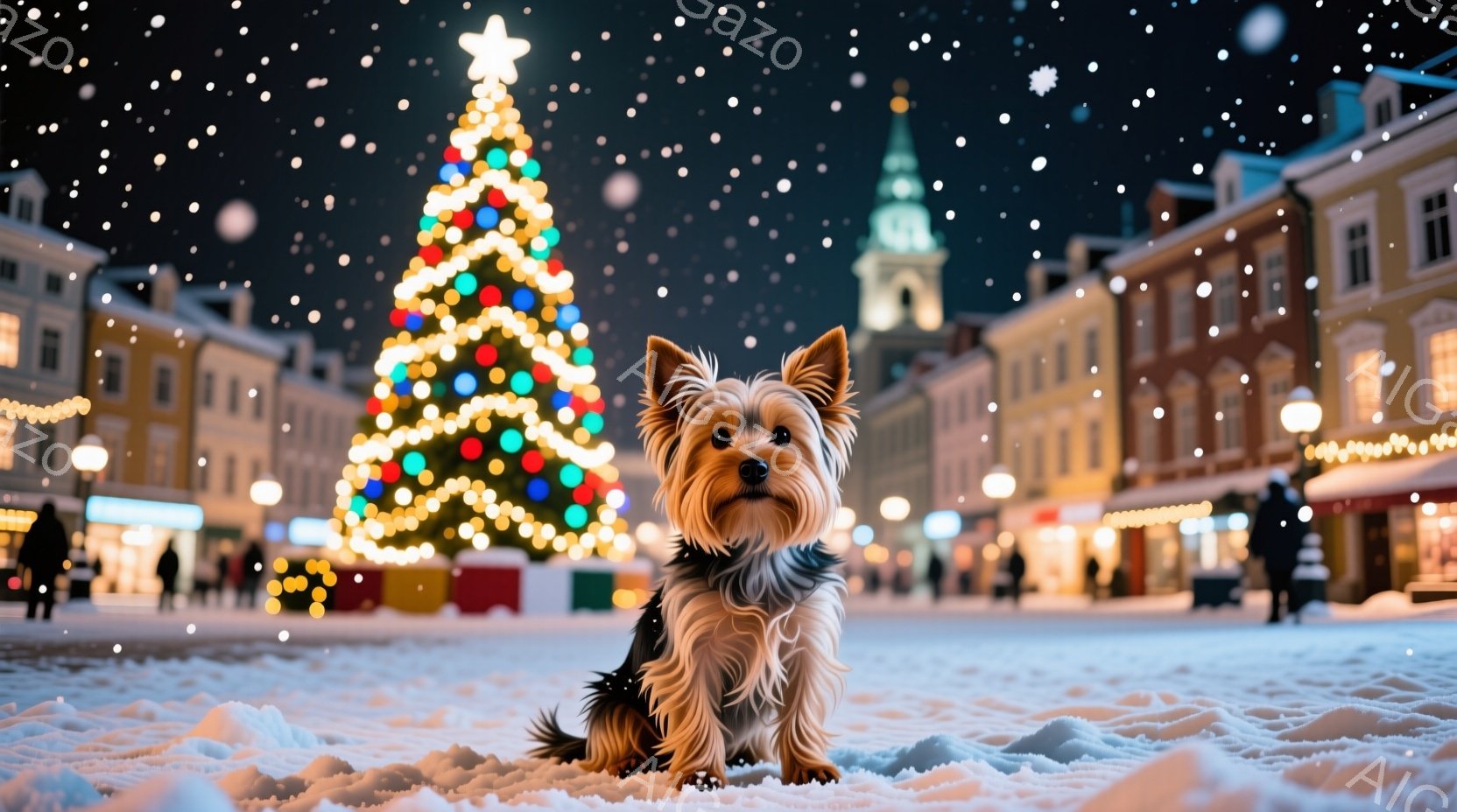 広場の中央に、毛並みの美しいヨークシャーテリアが座っています。背景には、色とりどりのイルミネーションで飾られた大きなクリスマスツリーが聳え立ち、雪が舞う夜の街並みが広がっています。暖かく華やかな雰囲気 - AI生成フリー素材