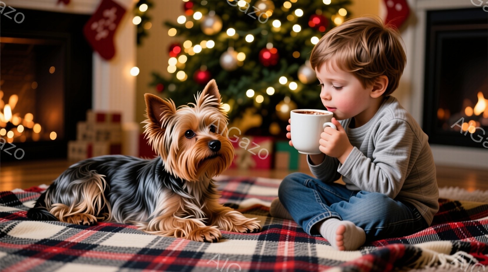 赤毛の少年がチェック柄のブランケットの上に座り、白いマグカップを両手で持って何かを飲んでいます。隣には、茶色と黒の毛並みのテリア犬が横たわり、少年のほうを見ています。背景には、クリスマスツリーとプレゼ - AI生成フリー素材