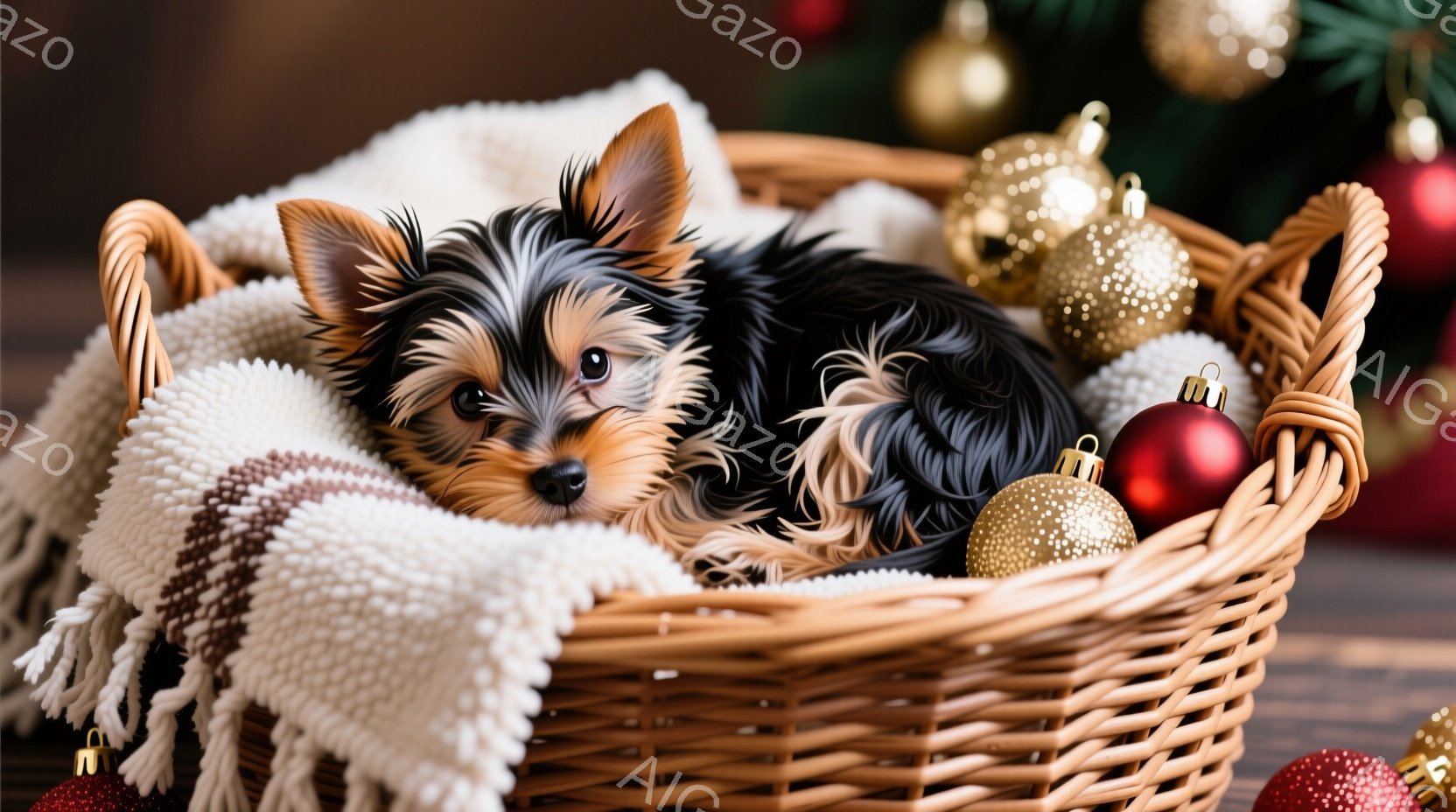 小さなヨークシャーテリアが、白いフリンジのついた毛布に包まれて、籐のバスケットの中に丸まって眠っています。背景には、木製の床と、赤と金のオーナメントが散りばめられたクリスマスツリーの一部が見えます。温かみのある光と、毛布の柔らかい質感により、安らかで居心地の良い雰囲気が漂っています。
