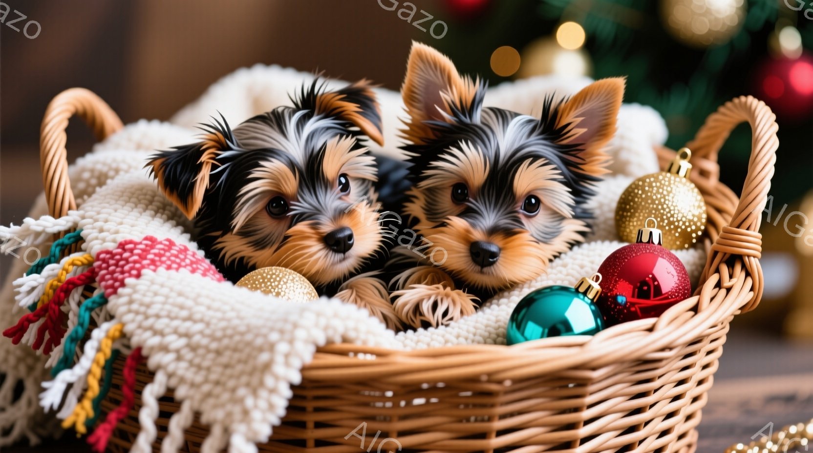 籐編みのバスケットの中に、ふわふわの毛並みを持つ茶色と黒のヨークシャーテリアの子犬が二匹寄り添って眠っています。バスケットは鮮やかな色のフリンジ付きの毛布で覆われ、周囲にはクリスマスオーナメントが散り - AI生成フリー素材