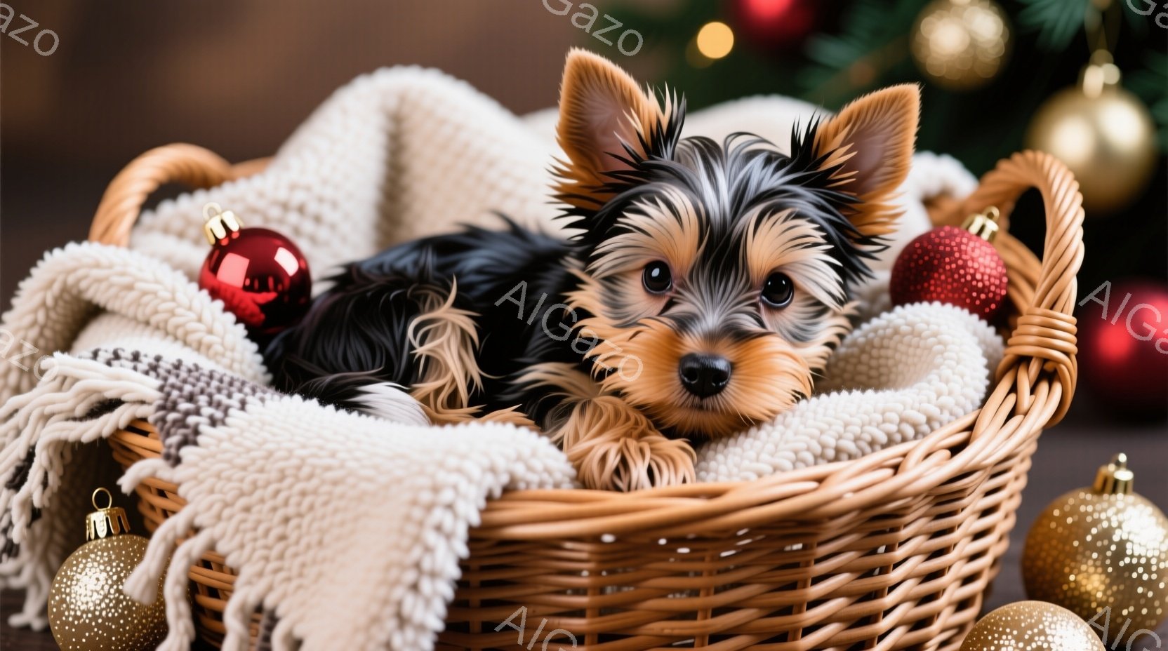 籐で編まれたバスケットの中に、ふわふわの毛並みのヨークシャーテリアの子犬が丸まって眠っています。子犬は明るい茶色と黒の毛並みで、可愛らしい表情をしています。背景にはクリスマスオーナメントが散りばめられ - AI生成フリー素材