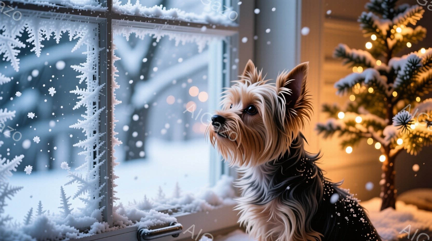 雪景色を眺めるヨークシャーテリアが写っています。窓辺に座り、少し物憂げな表情で遠くを見つめており、毛並みは丁寧に手入れされ、暖かく柔らかい印象を与えます。背景には雪に覆われた景色と、温かい光を放つ小さ - AI生成フリー素材