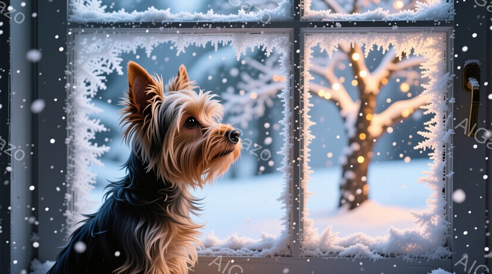 窓辺に座るテリア犬が、雪景色を物憂げに見つめている。窓ガラスには繊細な雪の結晶が描かれ、背景にはぼんやりと雪に覆われた木々が見える。全体的に暖色系の光が差し込み、冬の静けさと犬の寂しげな表情が相まって - AI生成フリー素材