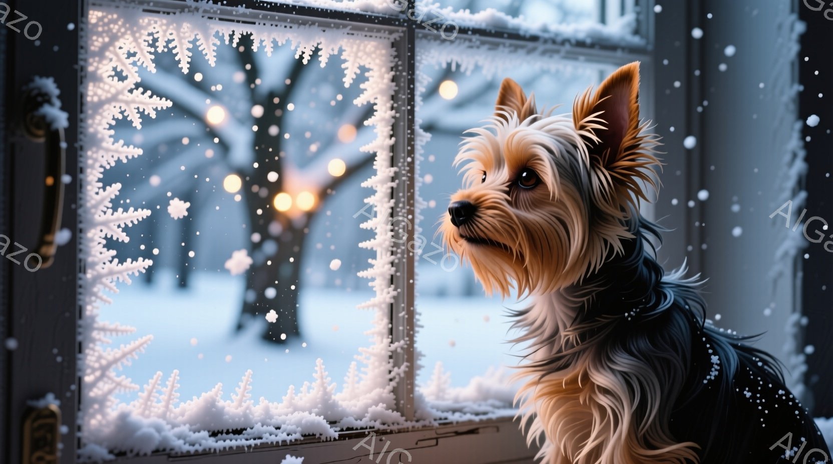窓辺にヨークシャーテリアが座り、外の雪景色を物憂げに見つめている。その毛並みは丁寧に手入れされ、暖かな茶色と黒のコントラストが美しい。背景には雪に覆われた木々とぼんやりとした光が灯る建物があり、静かで - AI生成フリー素材