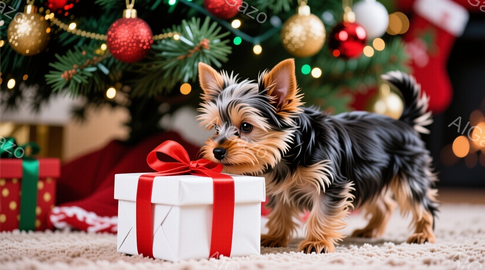 小さなヨークシャーテリアが、赤いリボンのかかった白いギフトボックスの横に座っています。犬は好奇心旺盛な表情でギフトボックスを見つめ、前足で軽く触れているようです。背景には、クリスマスツリーやプレゼント - AI生成フリー素材