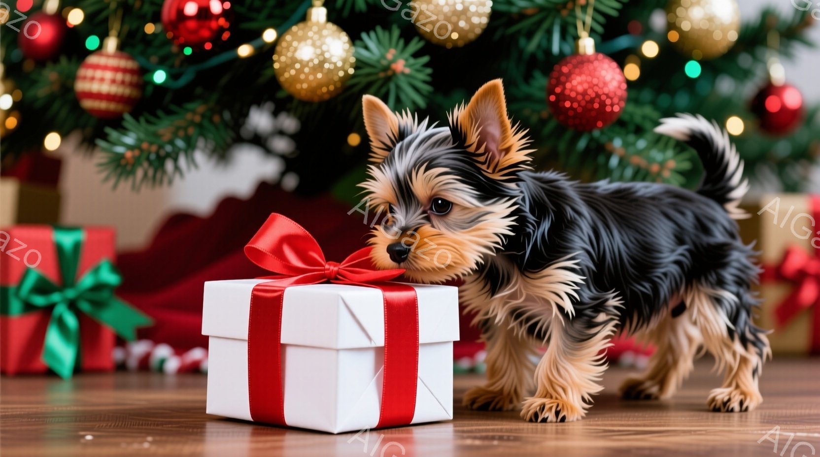小さなヨークシャーテリアが白いリボンのかかったプレゼントの箱の前にひざまずいている様子が写っている。背景にはクリスマスツリーが飾られ、赤いオーナメントや緑の飾りで華やかになっている。全体的に暖かく、お - AI生成フリー素材