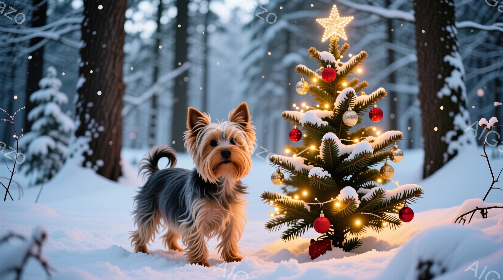 灰色の毛並みのヨークシャーテリアが、クリスマスのトナカイの角のヘッドバンドを付けて正面を見つめて立っています。背景には、カラフルなラッピングペーパーで包まれたギフトボックスの山と、金色の装飾が施された - AI生成フリー素材