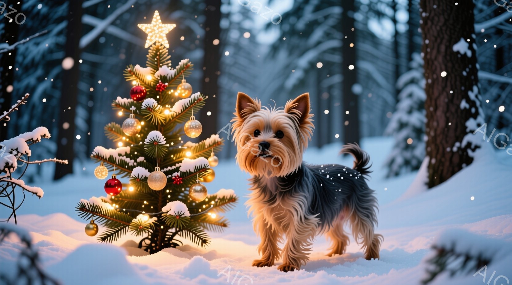 雪が降る森の中に飾られたクリスマスツリーの前に、ヨークシャーテリアが立っている。ツリーは暖かく光り、犬は前足を少し広げ、落ち着いた表情でカメラを見ている。背景には雪に覆われた木々が立ち並び、冬の静かで - AI生成フリー素材