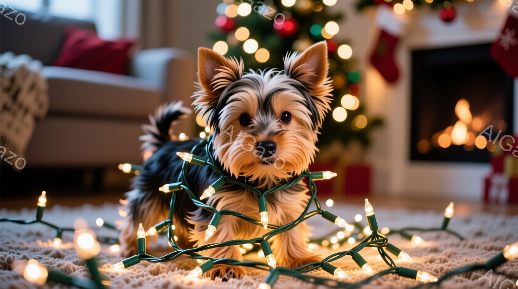 黒と茶色のヨークシャーテリアの子犬が、クリスマスオーナメントや松ぼっくりが入った籐の籠のそばに横たわっています。子犬は前足を伸ばし、好奇心と温かさで満ちた表情でカメラを見つめています。背景には、クリス - AI生成フリー素材