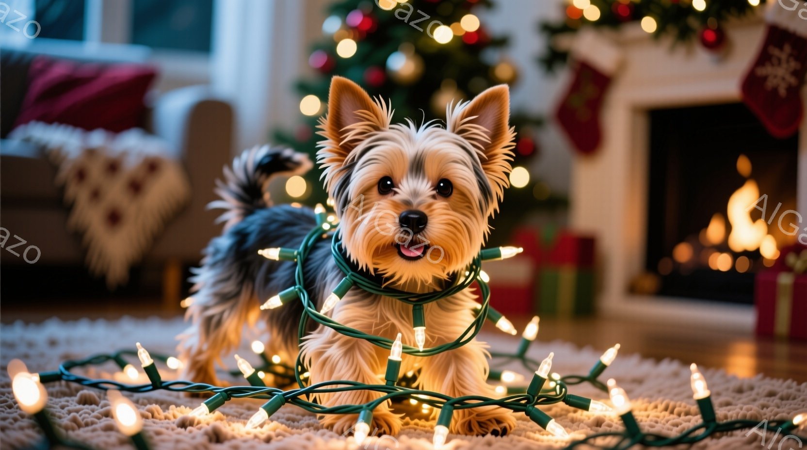 長毛のヨークシャーテリアが、クリスマスツリーのイルミネーションライトに絡まって床に座っています。犬は口を開けて楽しそうに微笑んでおり、その表情はとても愛らしいです。背景には、クリスマスツリー、暖炉、プ - AI生成フリー素材
