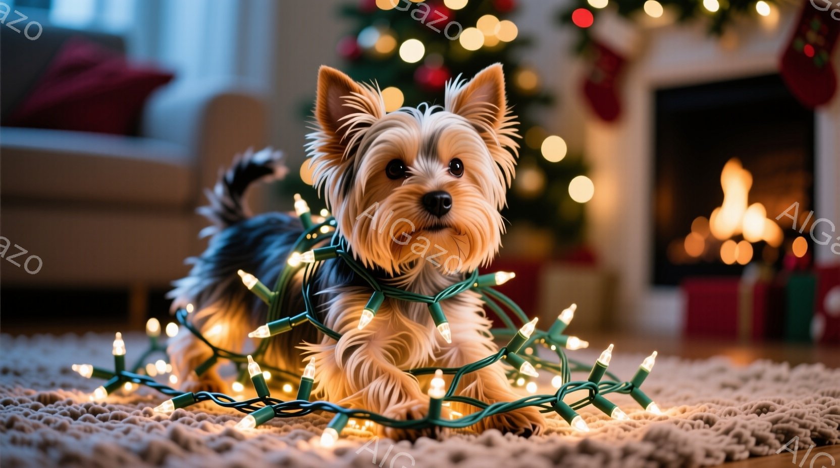 長毛のヨークシャーテリアが、クリスマスツリー用の電飾で覆われたカーペットの上に横たわっています。犬は前足を伸ばし、リラックスした様子で、少しだけ顔を覗かせています。背景にはぼんやりとクリスマスツリーが - AI生成フリー素材