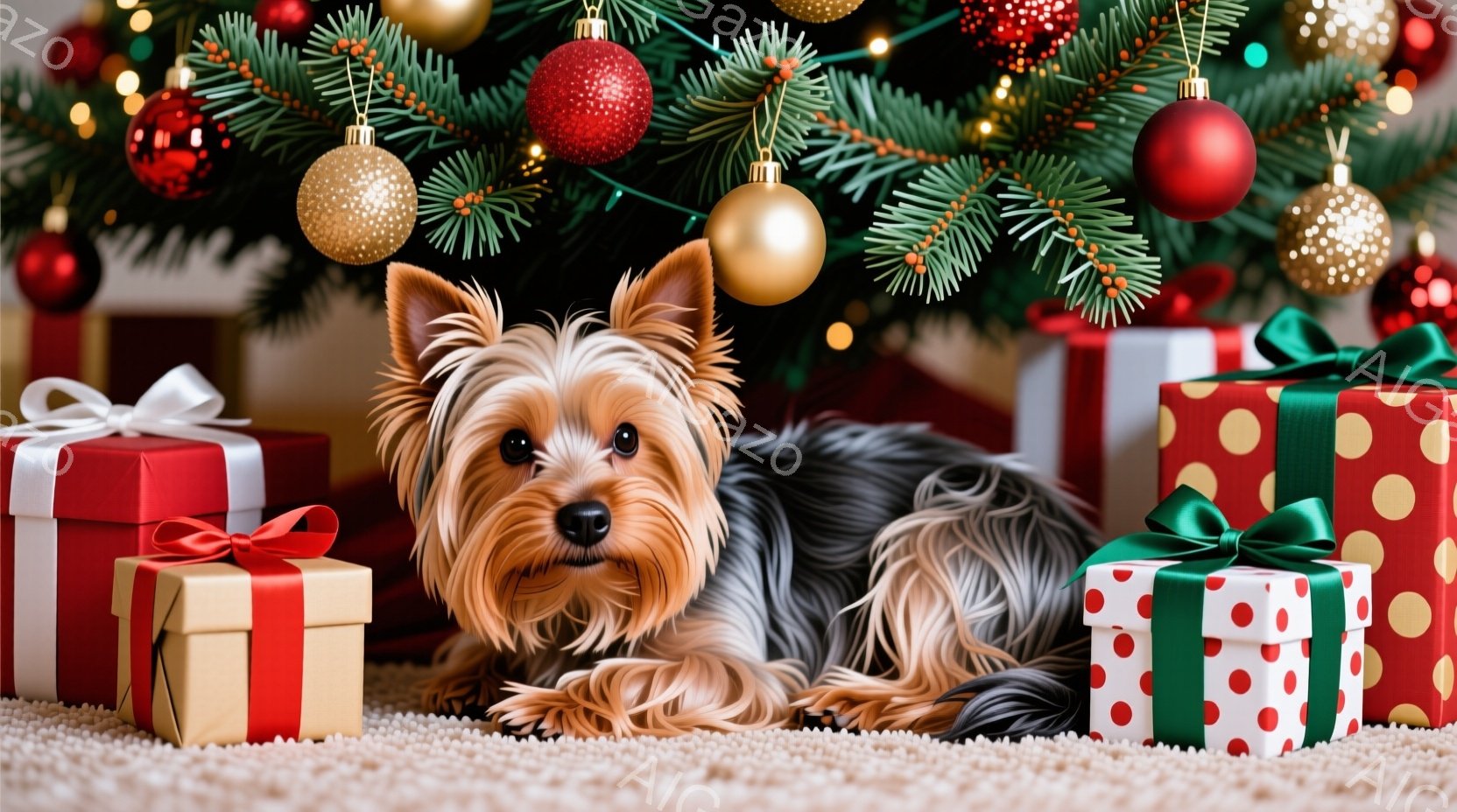長毛のヨークシャーテリアが、クリスマスツリーの下に置かれたプレゼントの周りに横たわっています。犬は茶色の顔と灰色の体毛を持ち、優しい表情でカメラを見つめています。背景には緑のクリスマスツリーと、赤、緑 - AI生成フリー素材