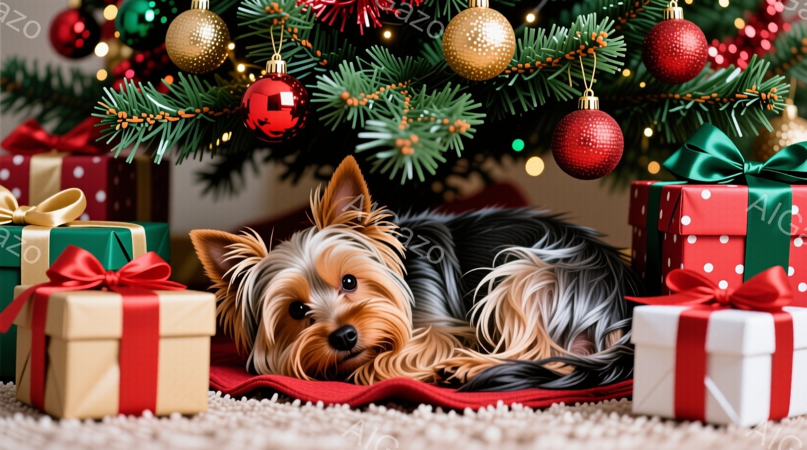 ヨークシャーテリアが赤い敷物の上に横たわり、周囲には様々な包装紙で飾られたクリスマスプレゼントが並んでいます。犬は落ち着いた表情でカメラを見つめており、背景にはクリスマスツリーの緑の枝と輝くオーナメン - AI生成フリー素材