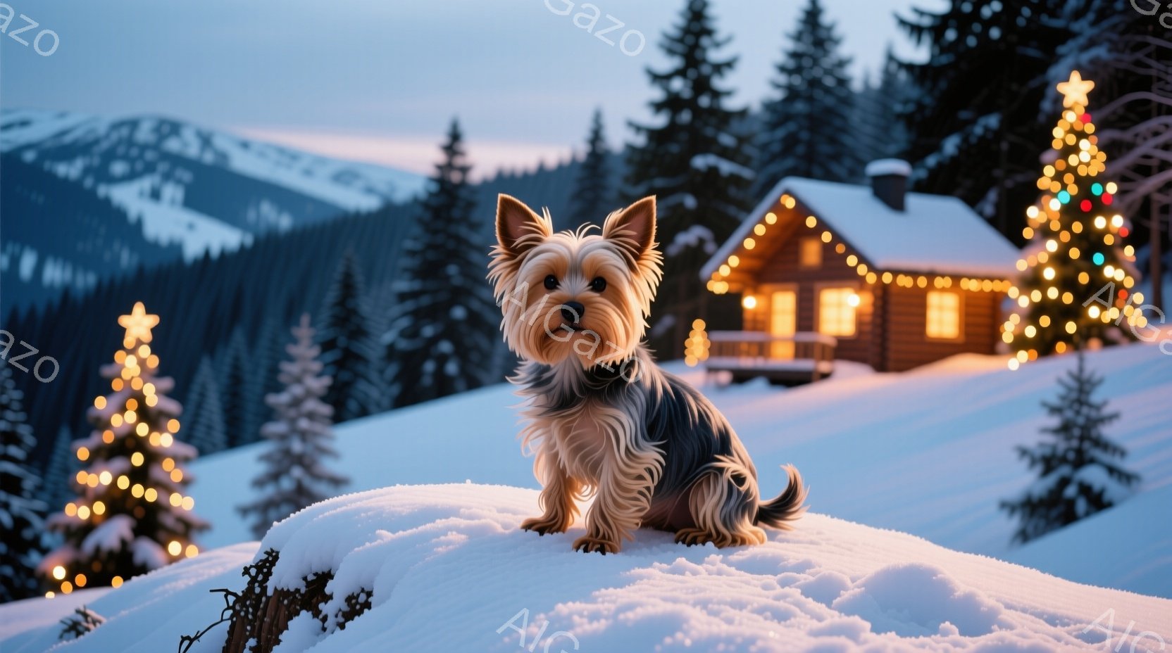 白い雪の上に座っているヨークシャーテリアが写っています。その犬は茶色と黒の毛並みで、前方をまっすぐ見ており、穏やかな表情をしています。背景には、クリスマスツリーで飾られたログハウスと雪に覆われた山々が - AI生成フリー素材