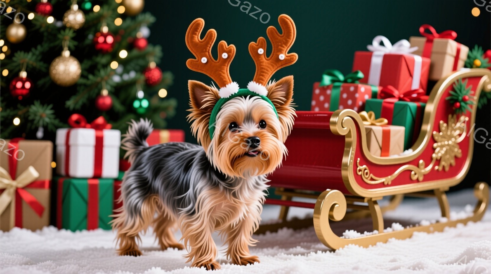 白い毛並みのヨークシャーテリアが、クリスマスをテーマにした赤いソリの前に立っている。頭にはトナカイの角が生えたヘッドバンドをつけており、少し前を見つめる表情は可愛らしい。背景には、プレゼントボックスと - AI生成フリー素材