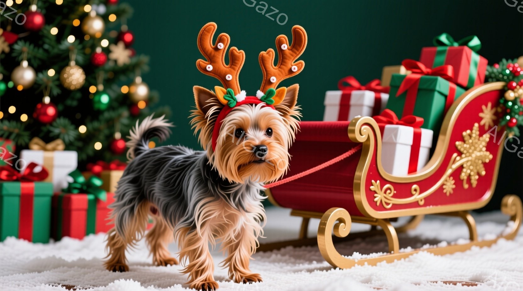 ヨークシャーテリアが、クリスマスのトナカイの角のヘッドバンドを付けて、赤いそりに寄りかかっています。背景には、緑色の背景に装飾が施されたクリスマスツリーと、リボンで結ばれたプレゼントの箱が並んでいます - AI生成フリー素材