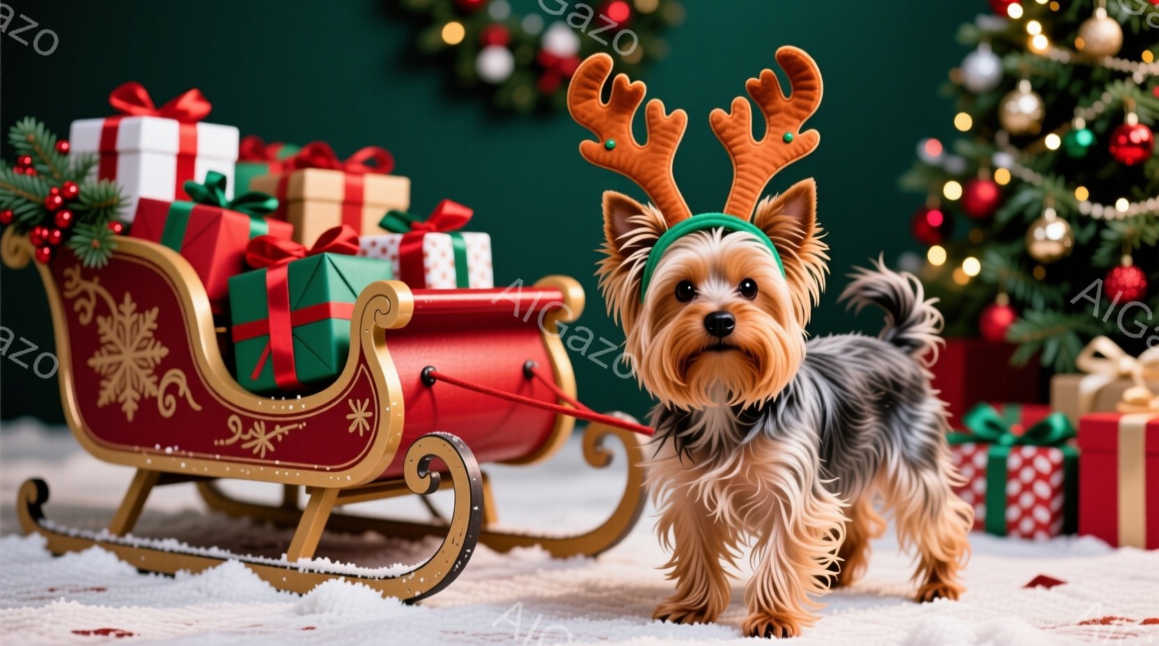 ヨークシャーテリアが、トナカイの角のヘッドバンドをつけて、赤いそりに引かれるように立っています。背景には、クリスマスツリーとプレゼントの山が積まれ、雪が舞っているように見え、全体的に暖かく、お祝いの雰 - AI生成フリー素材