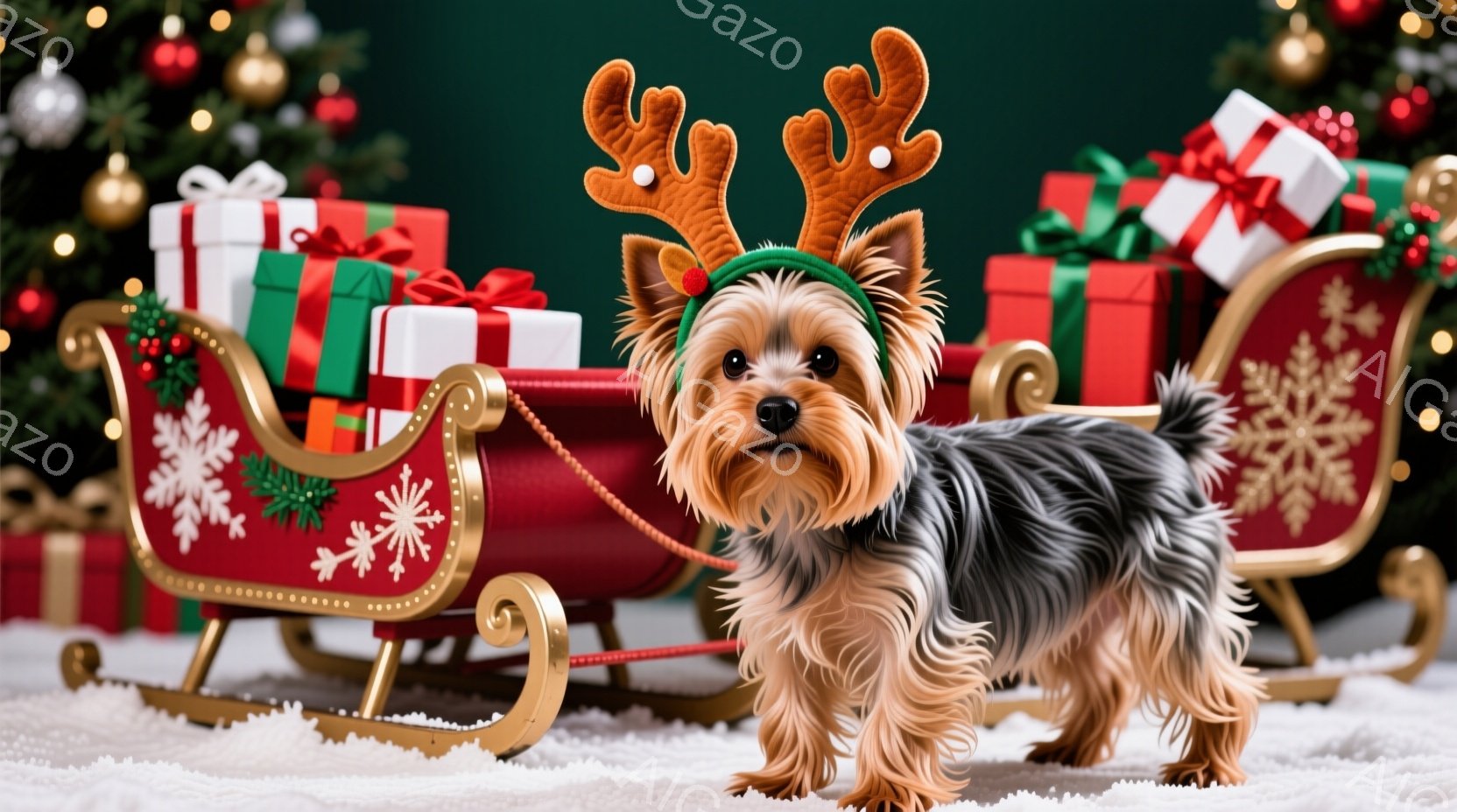 小さなヨークシャーテリアが、トナカイの角のヘッドバンドをつけて雪の上でそりに乗っています。背景には赤と金の装飾が施されたそり、そして様々なラッピングされたプレゼントが積み重ねられています。全体的に、暖 - AI生成フリー素材