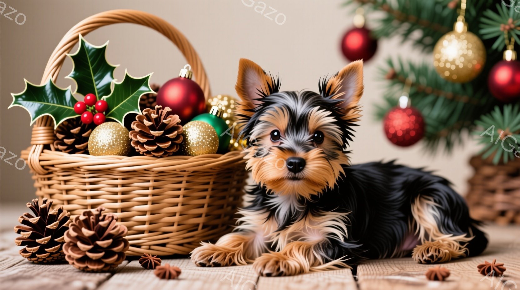 小さなヨークシャーテリアが、クリスマスの飾りが入った籐のバスケットの横に横たわっています。犬は茶色の顔と黒い体毛を持ち、前足を伸ばしてリラックスした様子です。背景には木製のテーブルと、いくつかの松ぼっ - AI生成フリー素材