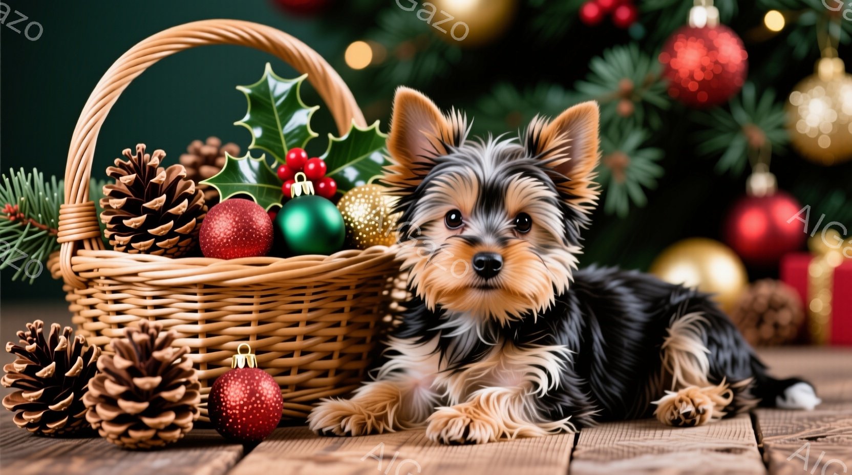 籐編みのバスケットの中に小さなヨークシャーテリアが横たわっています。背景にはクリスマスツリーの飾りや松ぼっくりが散りばめられ、木製のテーブルの上に配置されています。全体的に暖かく、お祝いムードにあふれ - AI生成フリー素材