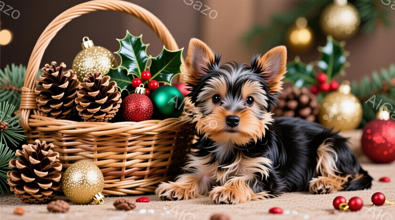 小さなヨークシャーテリアの子犬が、クリスマスオーナメントで飾られたバスケットの中に横たわっています。子犬は明るい表情でカメラを見つめ、茶色と黒の毛並みが可愛らしいです。背景には、松ぼっくりやクリスマス - AI生成フリー素材