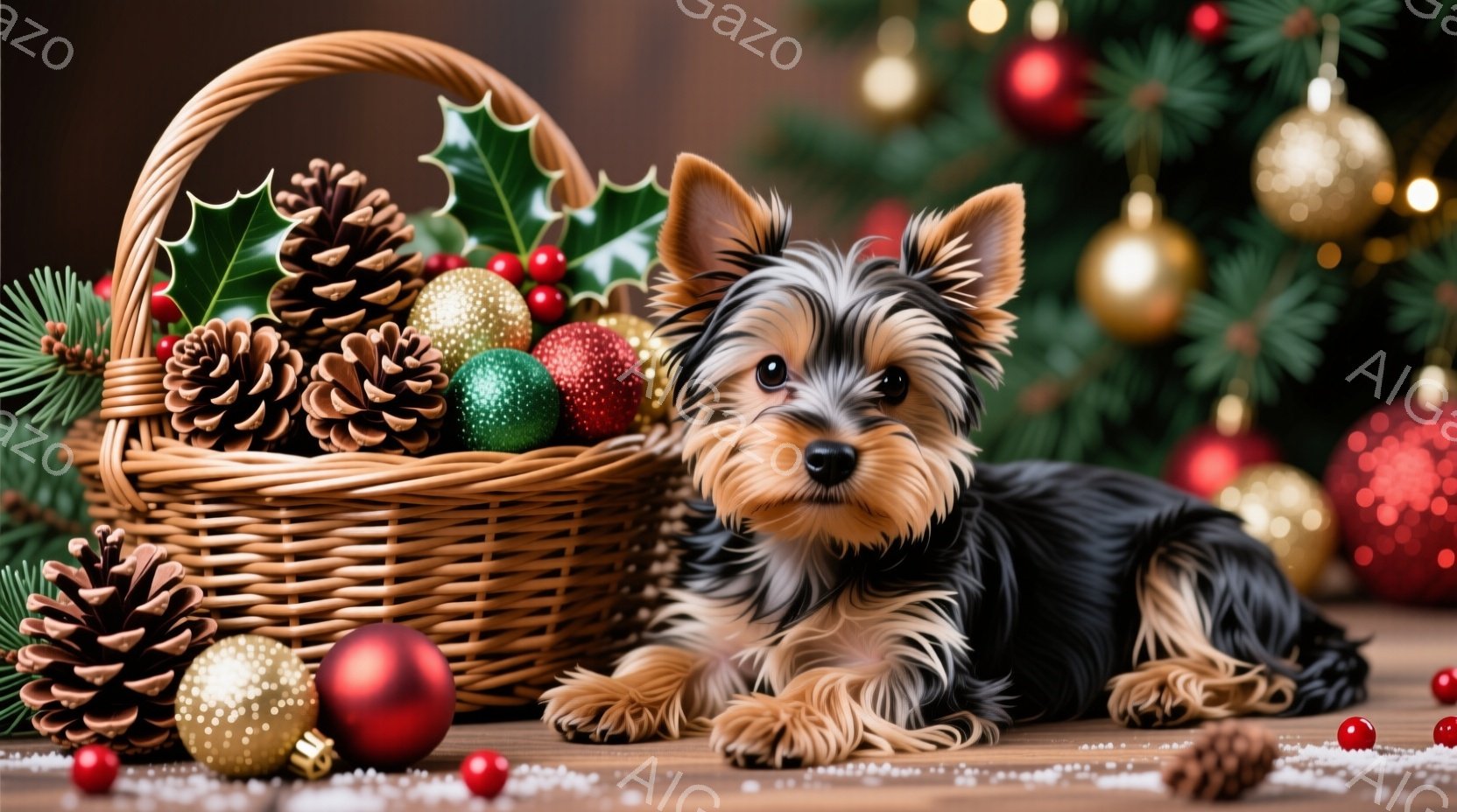 暖炉のそばの木製の表面に、小さなヨークシャーテリアが横たわっています。犬は黒とタンの色合いで、暖かく友好的な表情をしています。背景には、クリスマスツリー、オーナメント、松ぼっくり、赤いベリーが入った籐のバスケットがあり、全体的にホリデーシーズンらしい温かく心地よい雰囲気です。