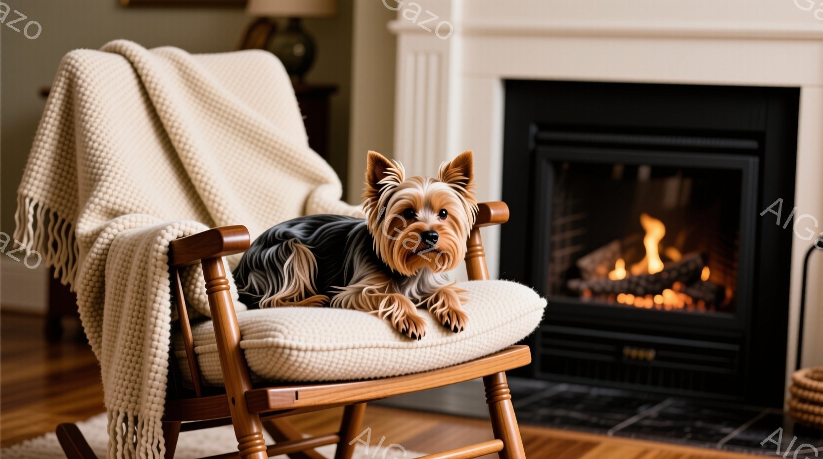 揺り椅子に座ったヨークシャーテリアが写っています。犬はリラックスした表情で、温炉の暖かさを楽しんでいるようです。背景には暖炉があり、部屋全体が温かく穏やかな雰囲気です。