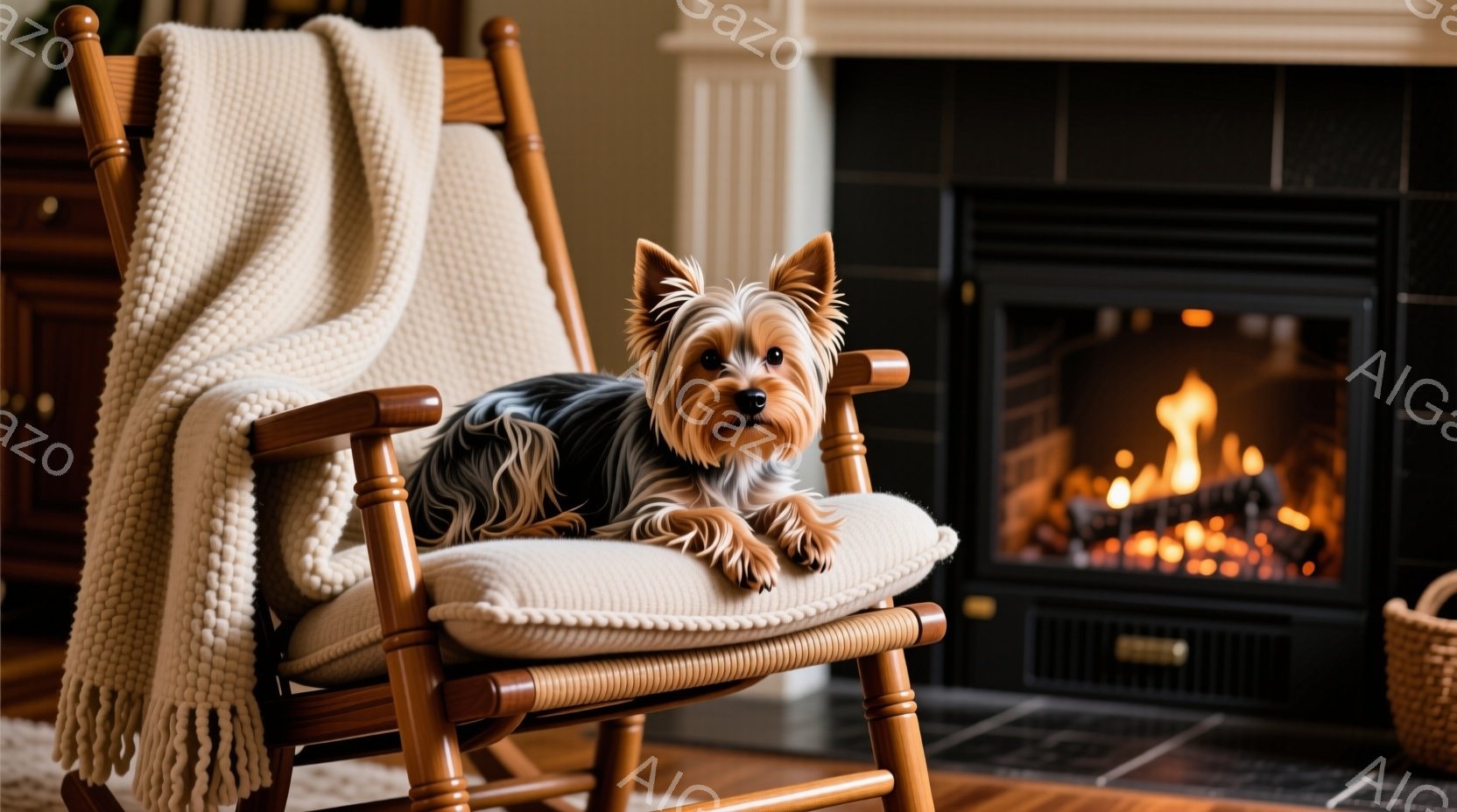 揺り椅子に横たわるヨークシャーテリアが写っています。犬は落ち着いた表情で、温かそうな毛布に囲まれています。背景には暖炉があり、炎が燃えており、リラックスした家庭的な雰囲気が漂っています。