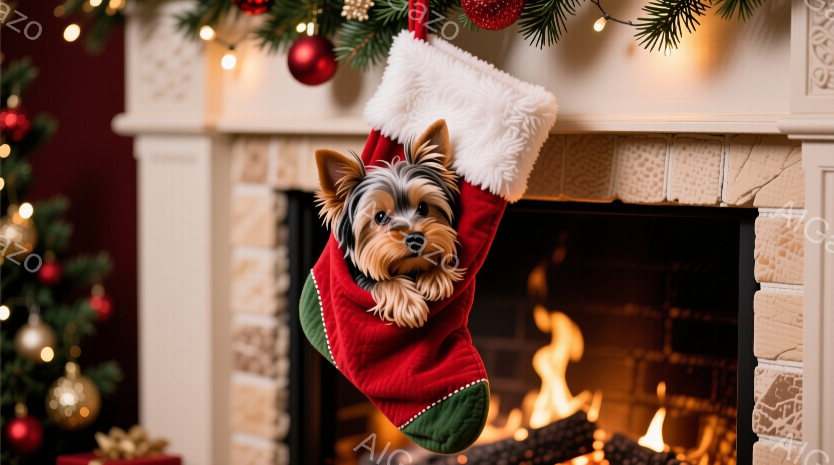 クリスマスツリーの飾り付けと暖炉のある部屋で、赤いクリスマスストッキングの中に小さなヨークシャーテリアが顔を出しています。犬は少し驚いたような表情で、好奇心旺盛そうにこちらを見ています。暖炉の炎が暖か - AI生成フリー素材