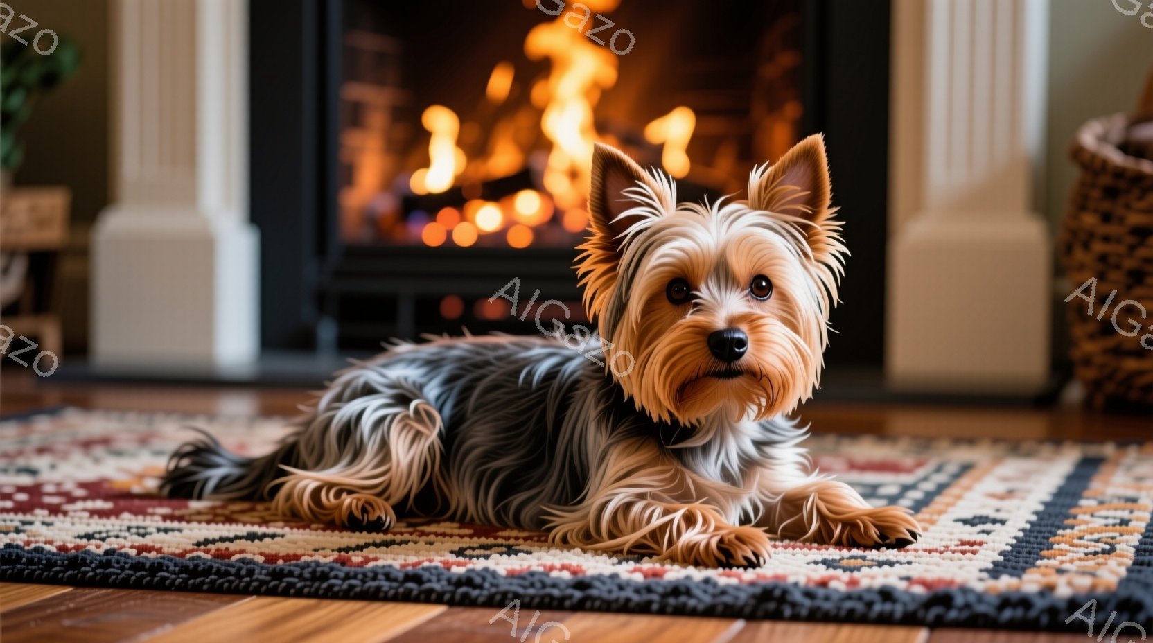 長い毛並みのヨークシャーテリアが、カラフルな幾何学模様のラグの上に横たわっています。犬はカメラに向かって穏やかな表情で、リラックスした姿勢で体を伸ばしています。背景には暖炉があり、炎が燃えており、木製の床と籐のバスケットが暖かく居心地の良い雰囲気を醸し出しています。