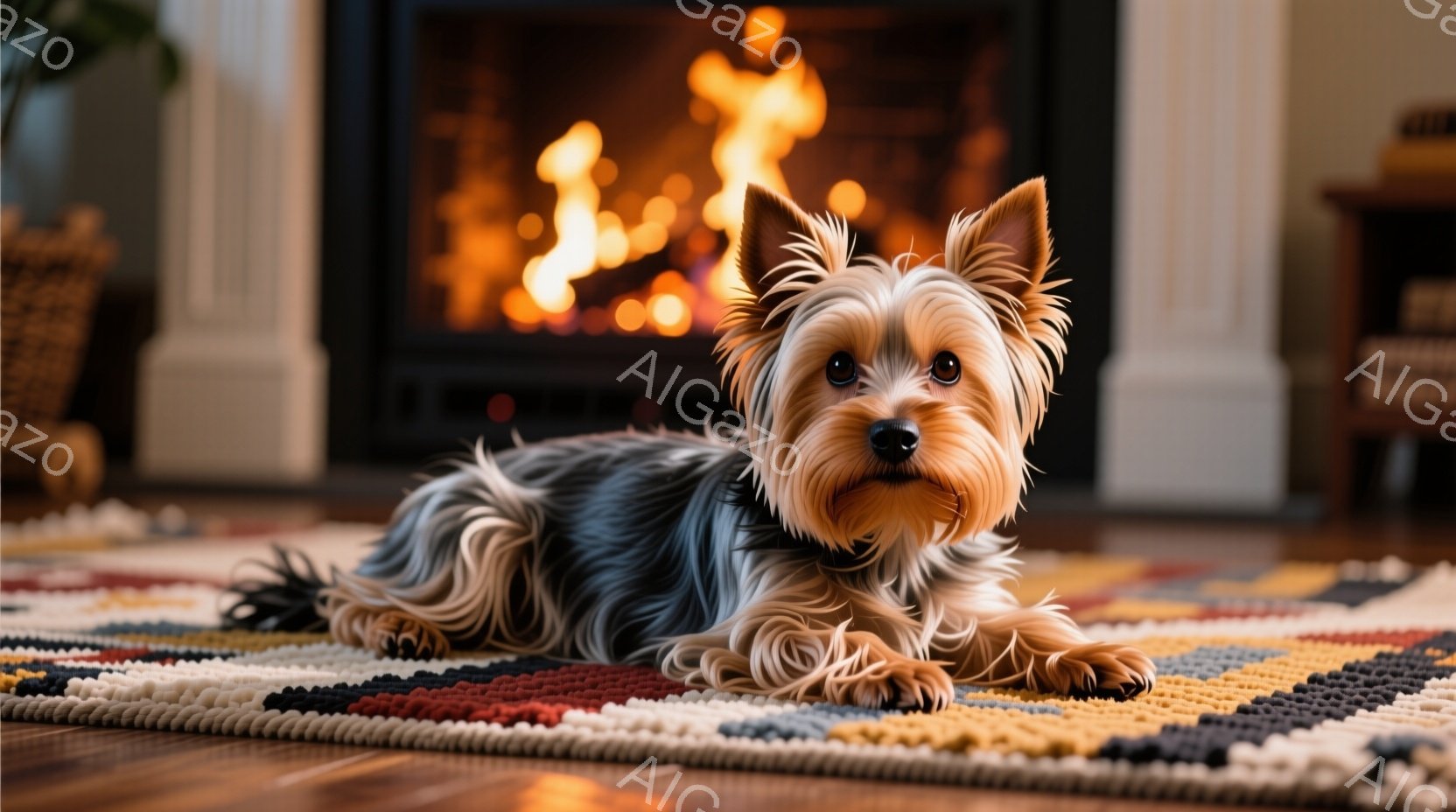 明るい色の敷物の上で、ふわふわの毛並みのヨークシャーテリアがリラックスして横たわっています。テリアは正面を見ており、穏やかな表情で、その毛並みが光の中で輝いています。背景には暖炉があり、燃え盛る炎が温かく、居心地の良い雰囲気を醸し出しています。