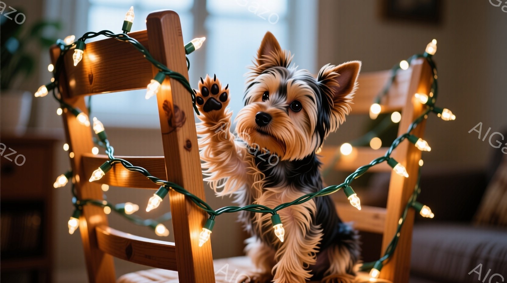 小さなヨークシャーテリアが椅子に座り、片足を上げています。周りにはクリスマス用の電飾が巻き付けられ、暖かく、お祝いの雰囲気を醸し出しています。背景にはぼやけたソファが見え、室内であることがわかります。 - AI生成フリー素材