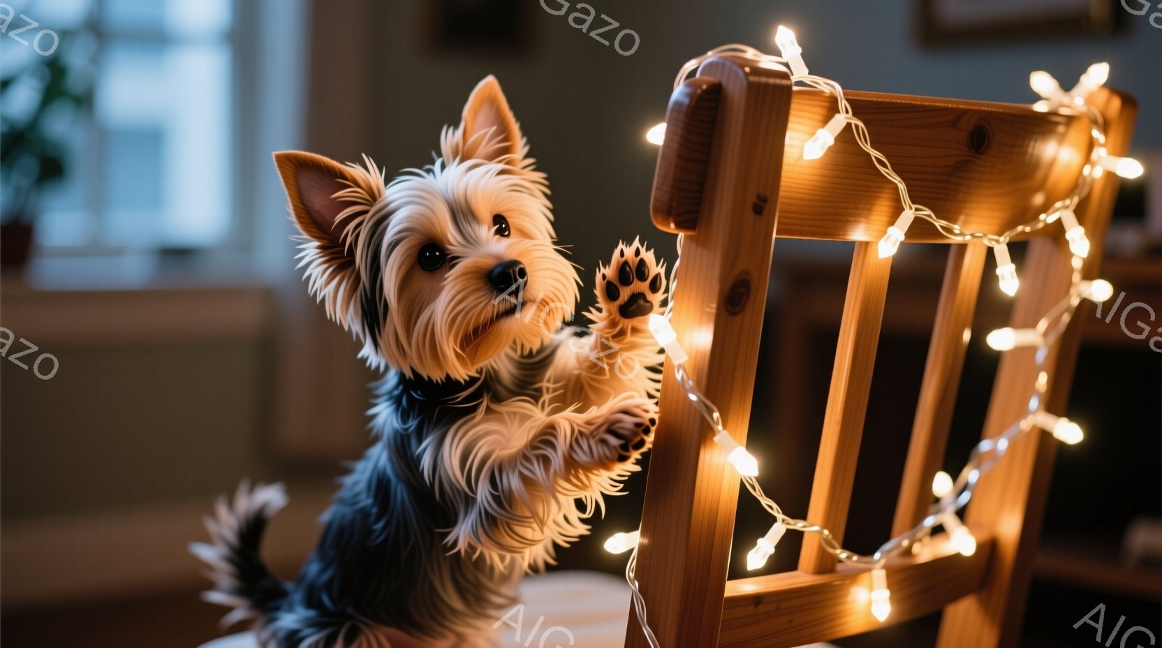 小さなヨークシャーテリアが木製の椅子の背もたれに前足をかけて座っています。犬は少し上目遣いで、いたずらっぽい表情を浮かべており、まるで何かを期待しているようです。背景にはぼんやりと室内の一部が見え、暖 - AI生成フリー素材