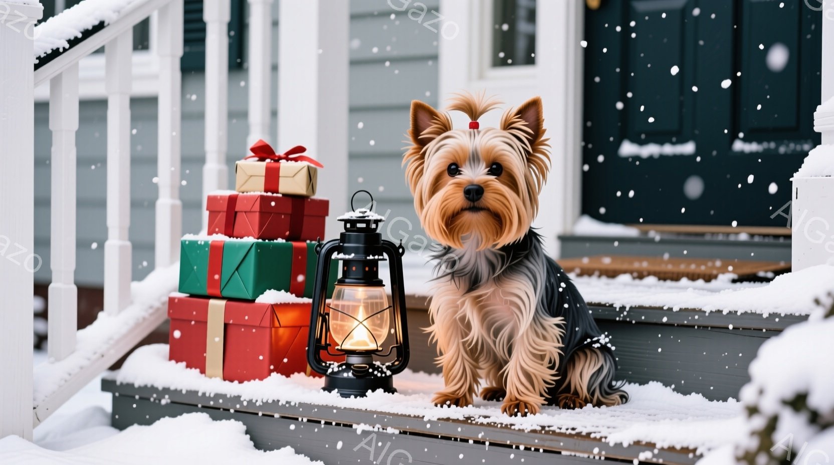 雪が降る家の階段に、ヨークシャーテリアが黒いコートを着て座っています。犬は前をまっすぐ見て、穏やかで落ち着いた表情をしています。背景には、赤と緑のギフトボックスの山と、点灯したランタンがあり、クリスマ - AI生成フリー素材