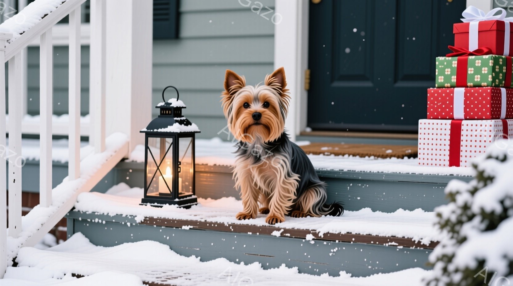 雪が降る中で、ヨークシャーテリアが家の段差に座っています。犬は毛並みが良く、前を向いて穏やかな表情をしています。背景にはクリスマスのプレゼントボックスと灯りが置かれ、冬の暖かく穏やかな雰囲気を醸し出しています。