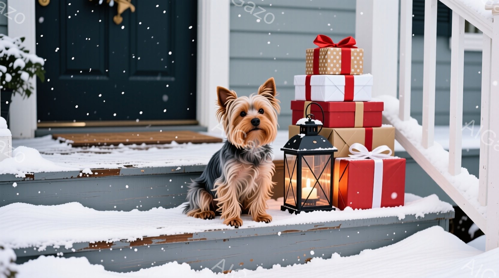 少年は床に座って本を読み、隣にはふわふわの茶色のテリア犬が横たわっています。少年はグレーのセーターとジーンズを着ており、集中して本を読んでいる様子です。背景にはクリスマスツリーが飾られ、暖炉の火が灯り - AI生成フリー素材