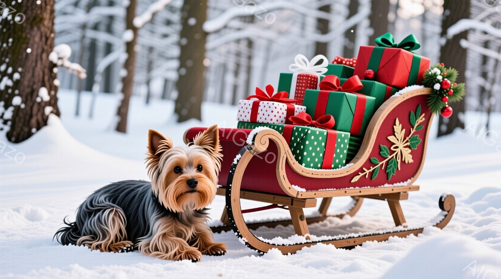 雪景色の中に、赤いそりにプレゼントの山が積まれ、その隣にはヨークシャーテリアが座っています。犬は毛並みの美しい茶色と黒の毛並みで、穏やかな表情をしています。背景は雪に覆われた木々で、クリスマスの温かく - AI生成フリー素材