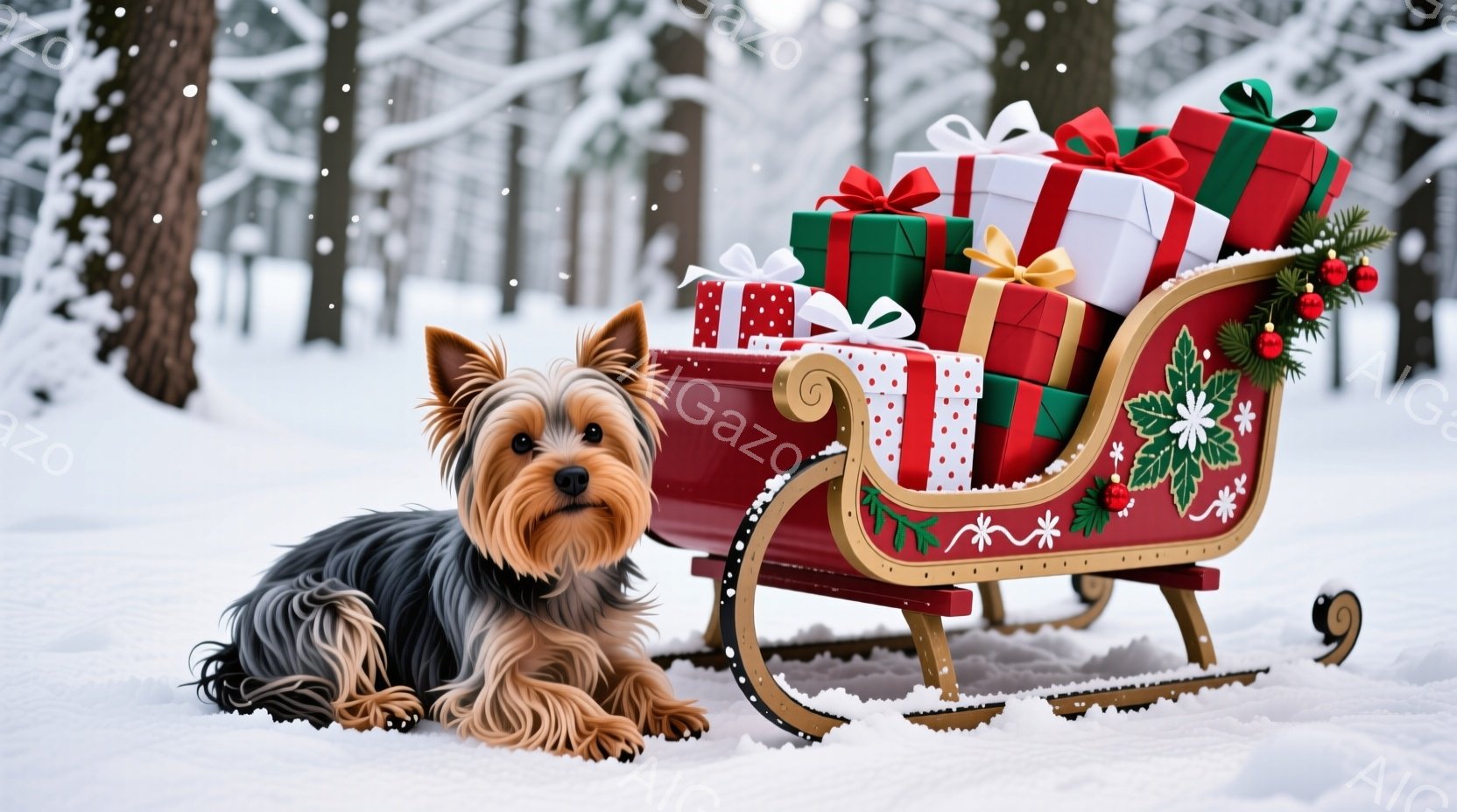 雪景色の中に、小さなそりがプレゼントでいっぱいになっている写真です。ヨークシャーテリアがそりの横に座り、少し微笑んでいるような表情でこちらを見ている。背景には雪で覆われた木々がぼんやりと見え、クリスマ - AI生成フリー素材