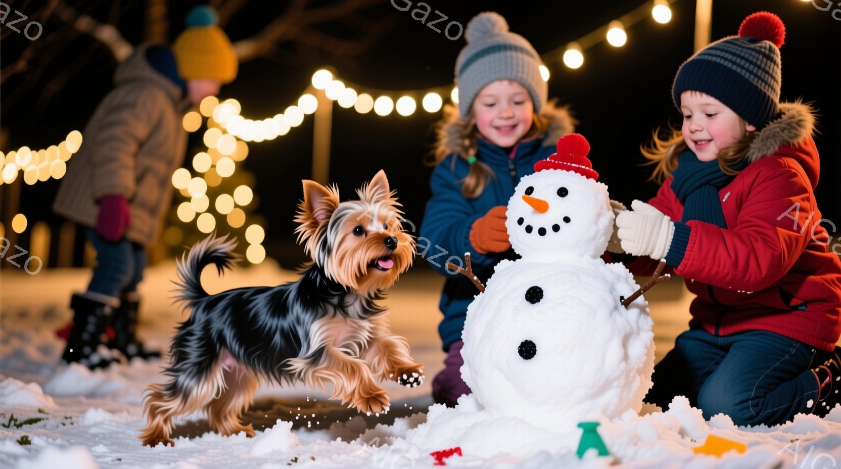 雪景色の中で、幼い二人の子供と小型犬が雪だるまを作っています。片方の子供は赤いジャケットを着て、雪だるまの顔を飾り付け、もう片方の子供は青いジャケットと帽子を被っています。背景にはぼんやりと建物が見え - AI生成フリー素材