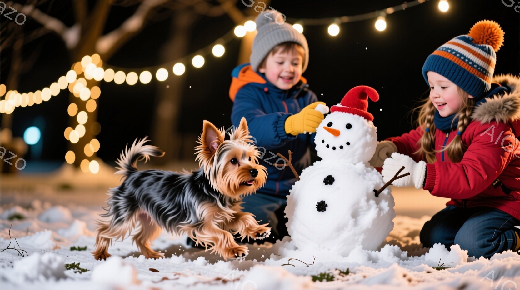 雪景色の中で、少年と少女が雪だるまを作っています。少年は青いニット帽をかぶり、赤いジャケットを着て、雪だるまの顔を作るのを手伝っています。少女はピンクのジャケットを着て、雪だるまに枝を腕に見立てて取り - AI生成フリー素材