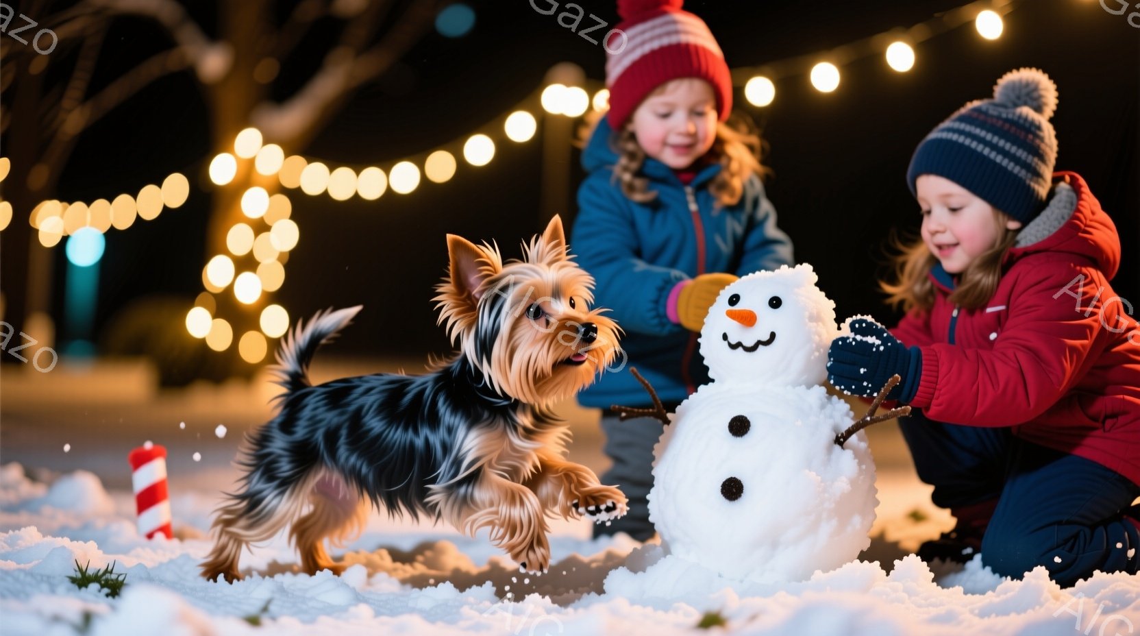 雪景色の中で、赤い帽子とジャケットを着た幼い女の子が雪だるまの顔を作る手伝いをしています。黒い毛並みの小型犬が雪の上を駆け出し、楽しそうに遊んでいます。背景には、ぼんやりと木々が見え、温かい光のストリ - AI生成フリー素材