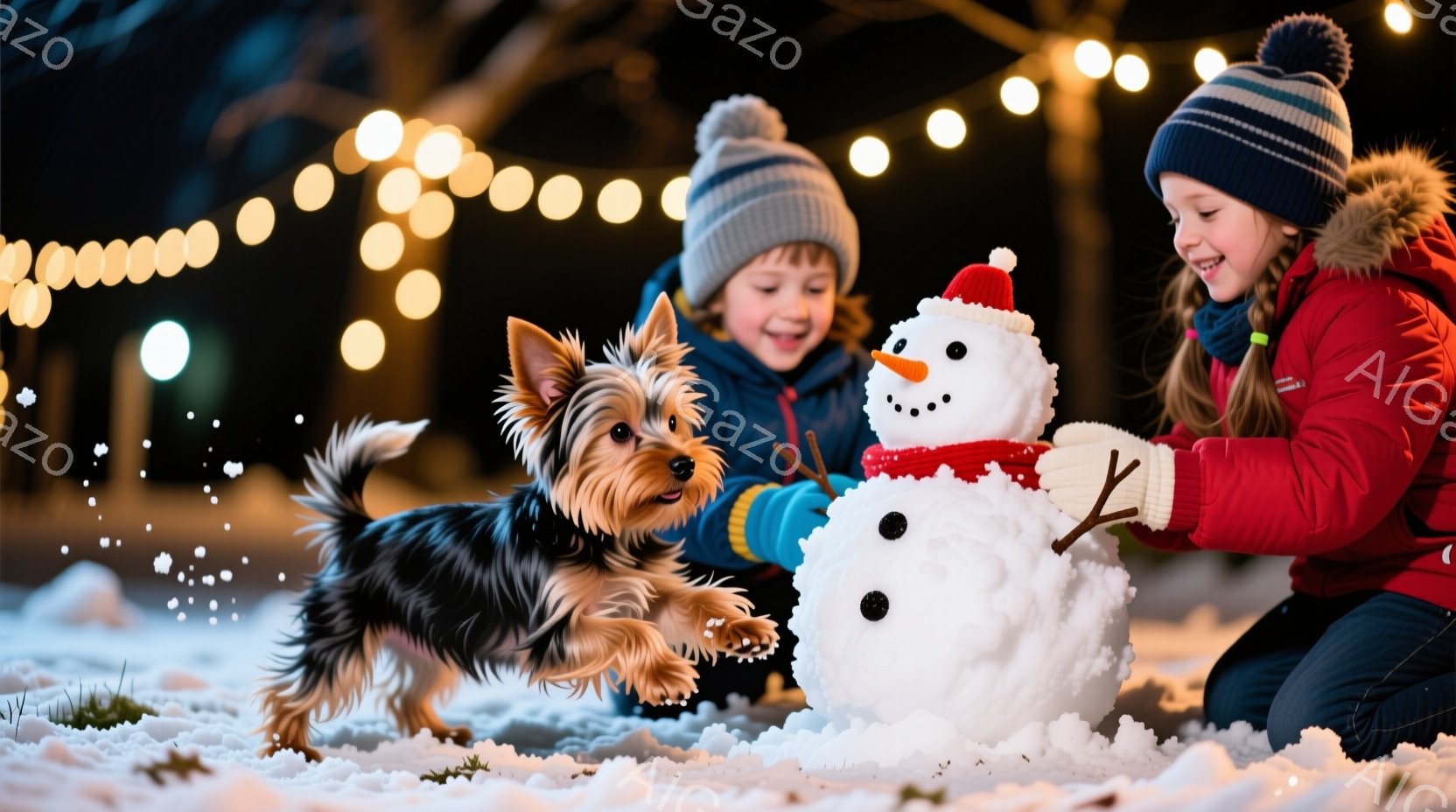 雪景色の中で、少年と少女が雪だるまを作っています。少年は青いニット帽をかぶり、緑色のミトンをつけて雪だるまの腕を作っており、少女は赤いジャケットを着て、雪だるまの目をつけようとしています。背景には、キ - AI生成フリー素材