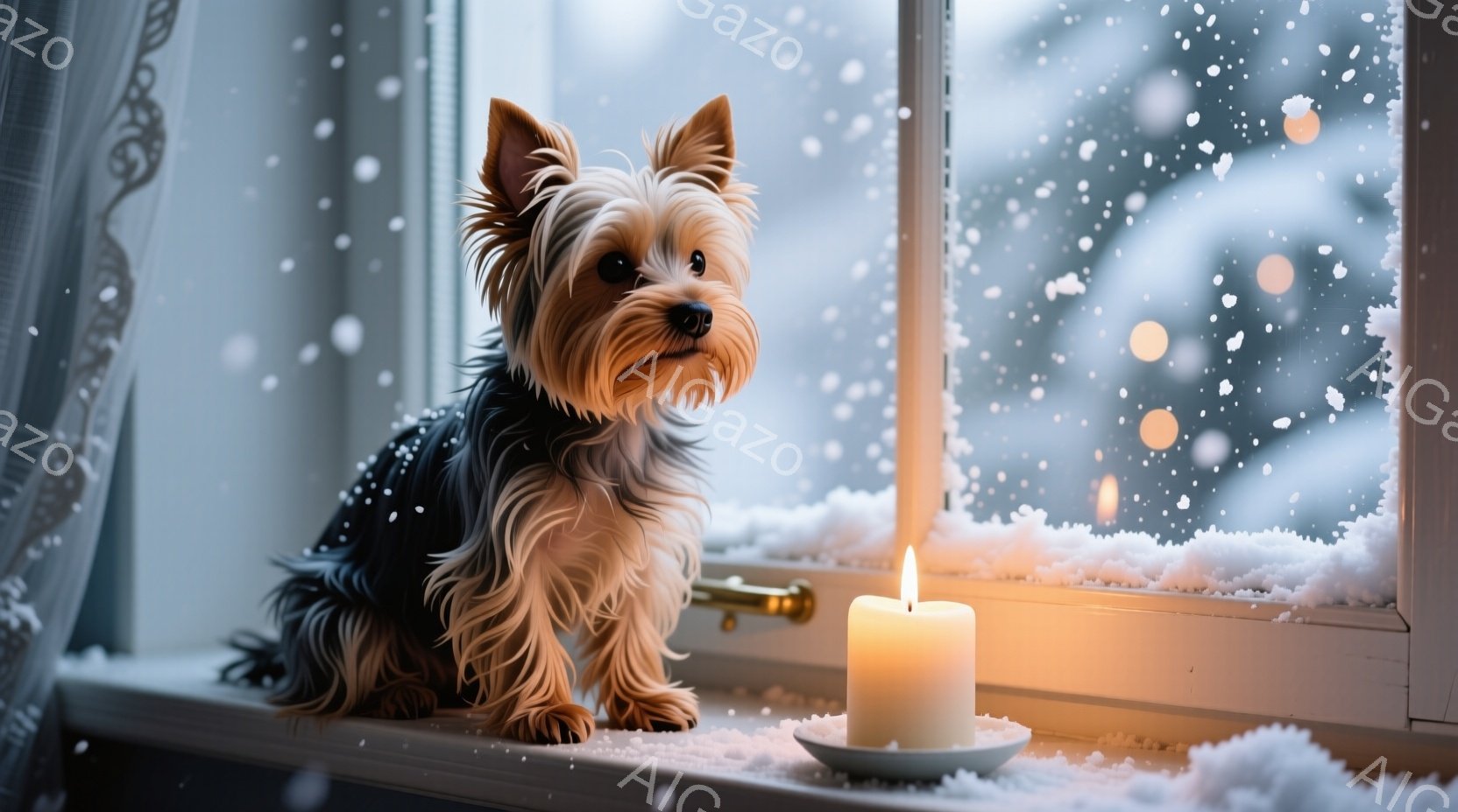雪が降る窓辺に、ヨークシャーテリアが座ってこちらを見つめている。白い窓枠には雪が積もり、近くには温かい光を放つキャンドルが置かれている。暖かく穏やかな雰囲気で、冬の静けさと犬の愛らしさが感じられる。 - AI生成フリー素材