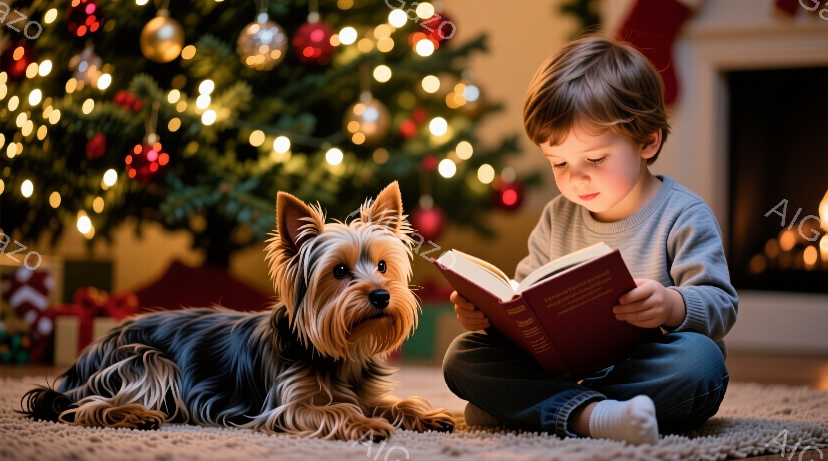 少年はカーペットの上に座り、真剣な表情で赤い表紙の本を読んでいます。彼はグレーのセーターと濃い青色のズボンを着用し、短くブロンドの髪をしています。背景にはクリスマスツリーとプレゼントがあり、暖炉の明か - AI生成フリー素材