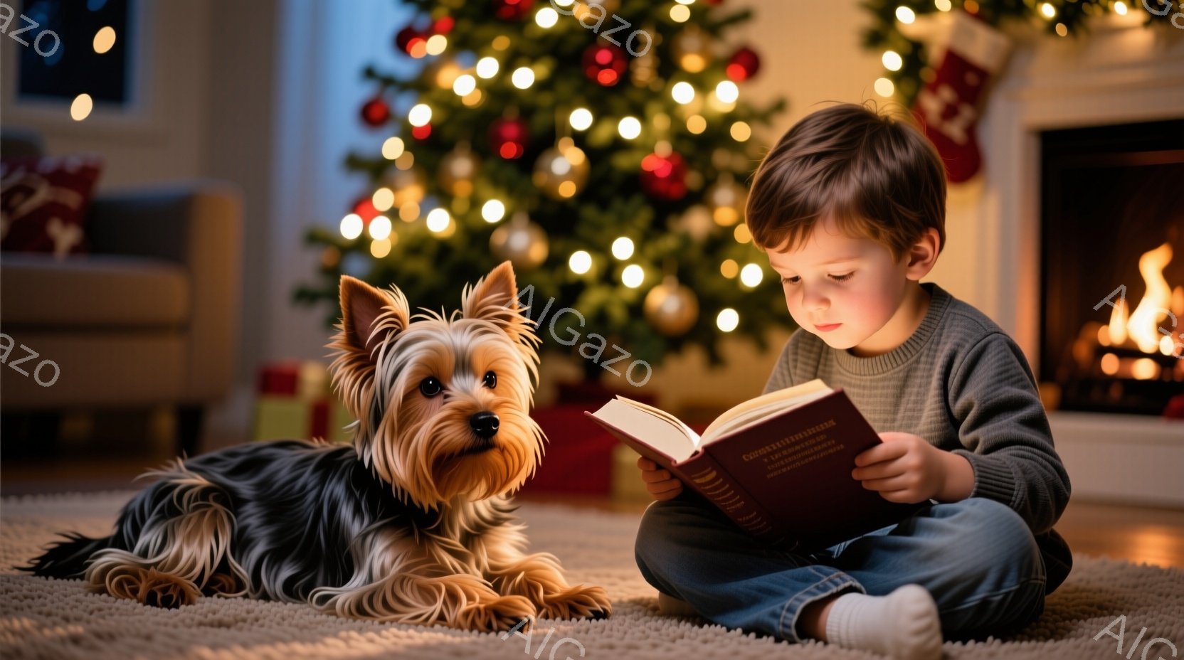 小さな少年が床に座り、本を熱心に読んでいる。彼はグレーのセーターとジーンズを着ており、茶色の髪は少し無造作に整えられている。背景には、飾り付けられたクリスマスツリーと暖炉があり、温かく、家庭的な雰囲気を醸し出している。