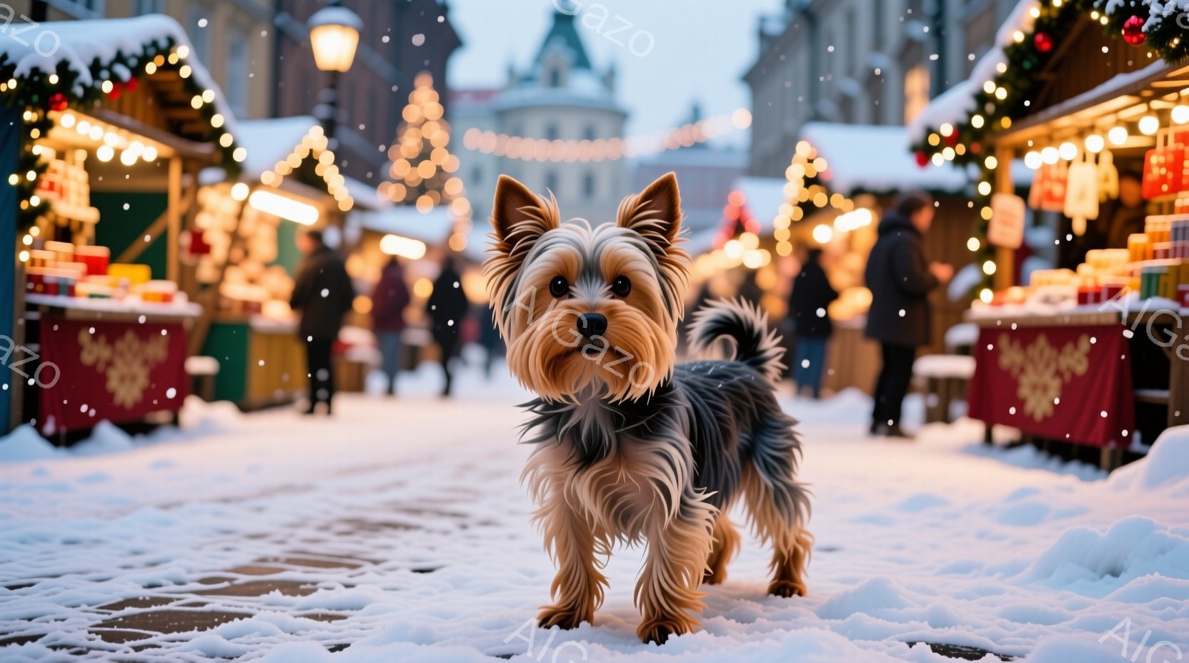 雪が舞う賑やかなクリスマスマーケットの通路に、ヨークシャーテリアが立っている。犬は毛並みの良い茶色と黒の毛並みで、まっすぐ前を見つめ、堂々とした姿勢をとっている。背景には、きらびやかな装飾が施された屋台や建物が並び、暖かく幻想的な雰囲気を醸し出している。