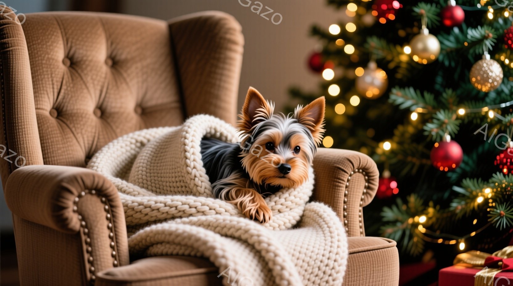 茶色い鋲で飾られた肘掛け椅子に、ヨークシャーテリアが寄り添うように座っています。柔らかいオフホワイトのニットブランケットが犬を優しく包み込んでおり、背景にはクリスマスツリーの温かい光がぼんやりと見えま - AI生成フリー素材