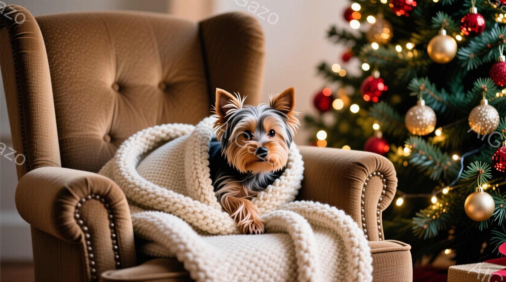 小さなヨークシャーテリアが、茶色の肘掛け椅子の座席に座り、白い編み物のブランケットに包まれています。犬はカメラの方を見ており、穏やかでリラックスした表情をしています。背景にはクリスマスツリーが飾られ、 - AI生成フリー素材