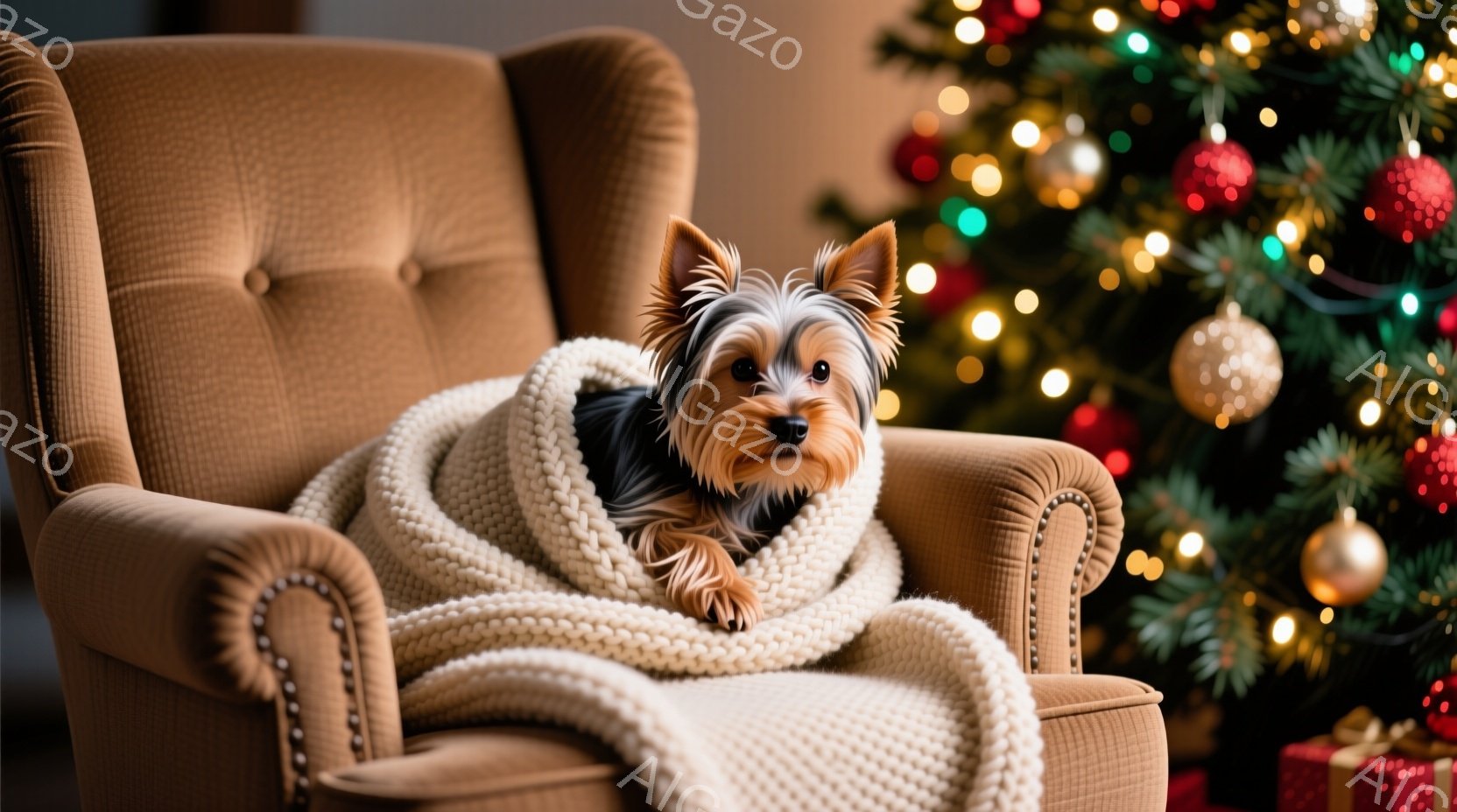 茶色の肘掛け椅子に、ふわふわのクリーム色のニットを羽織ったヨークシャーテリアが座っています。犬はカメラの方をまっすぐ見つめており、穏やかでリラックスした表情をしています。背景には、クリスマスツリーのぼ - AI生成フリー素材
