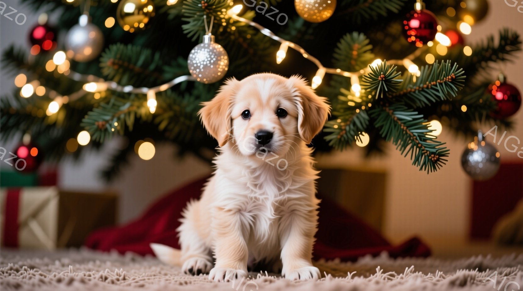 柔らかいクリーム色のパピーが、カーペットの上に座っています。背景には、オーナメントと光で飾られたクリスマスツリーがあり、プレゼントボックスも確認できます。全体的に暖かく、お祝いムードに満ちた雰囲気で、 - AI生成フリー素材